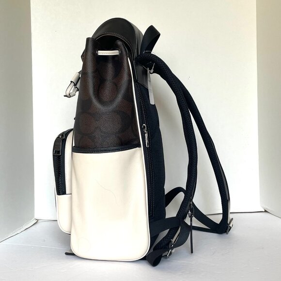 COACH CY775 Racer Backpack Blocked Signature Canvas Leather Walnut Chalk - Picture 5 of 13